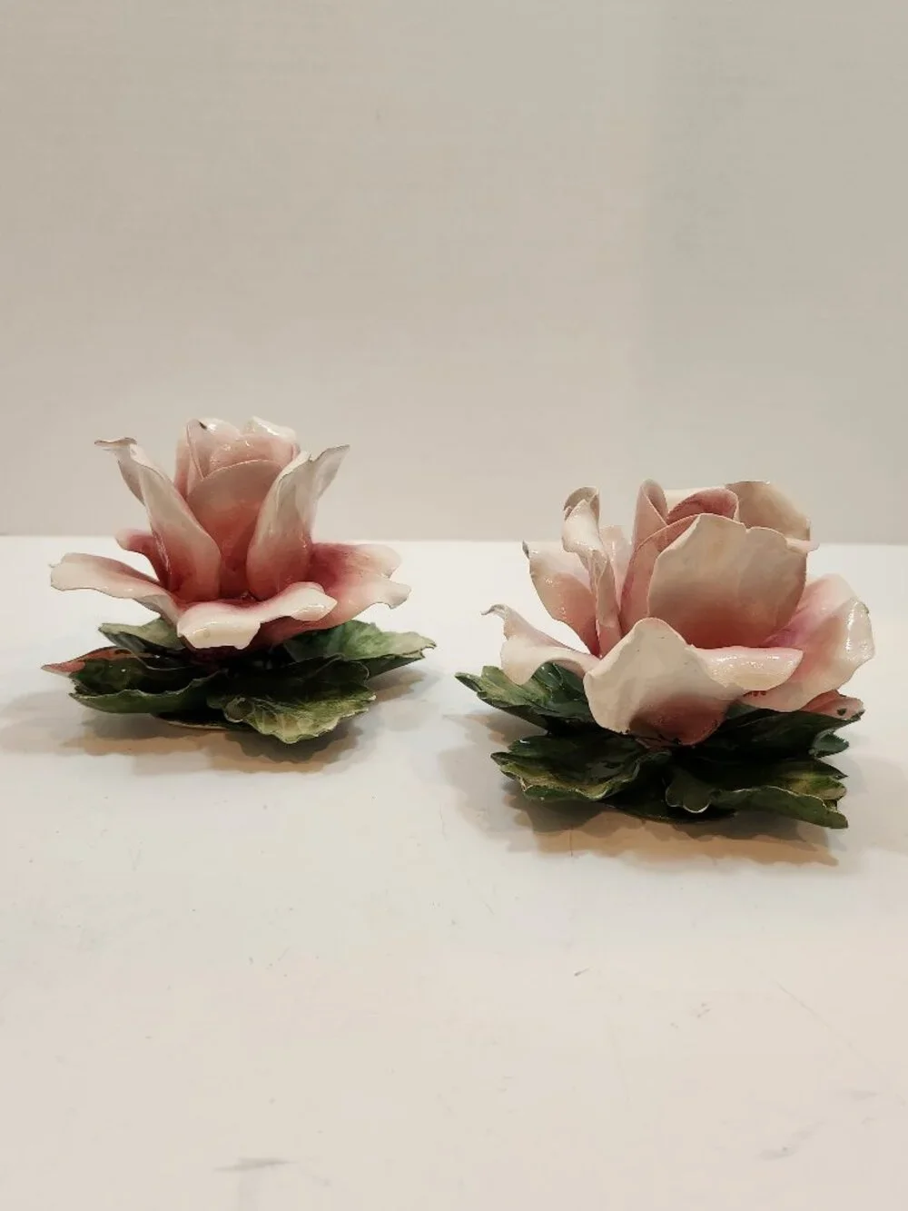 Vintage Pair of Capodimonte Porcelain Rose Candle Holders Italy